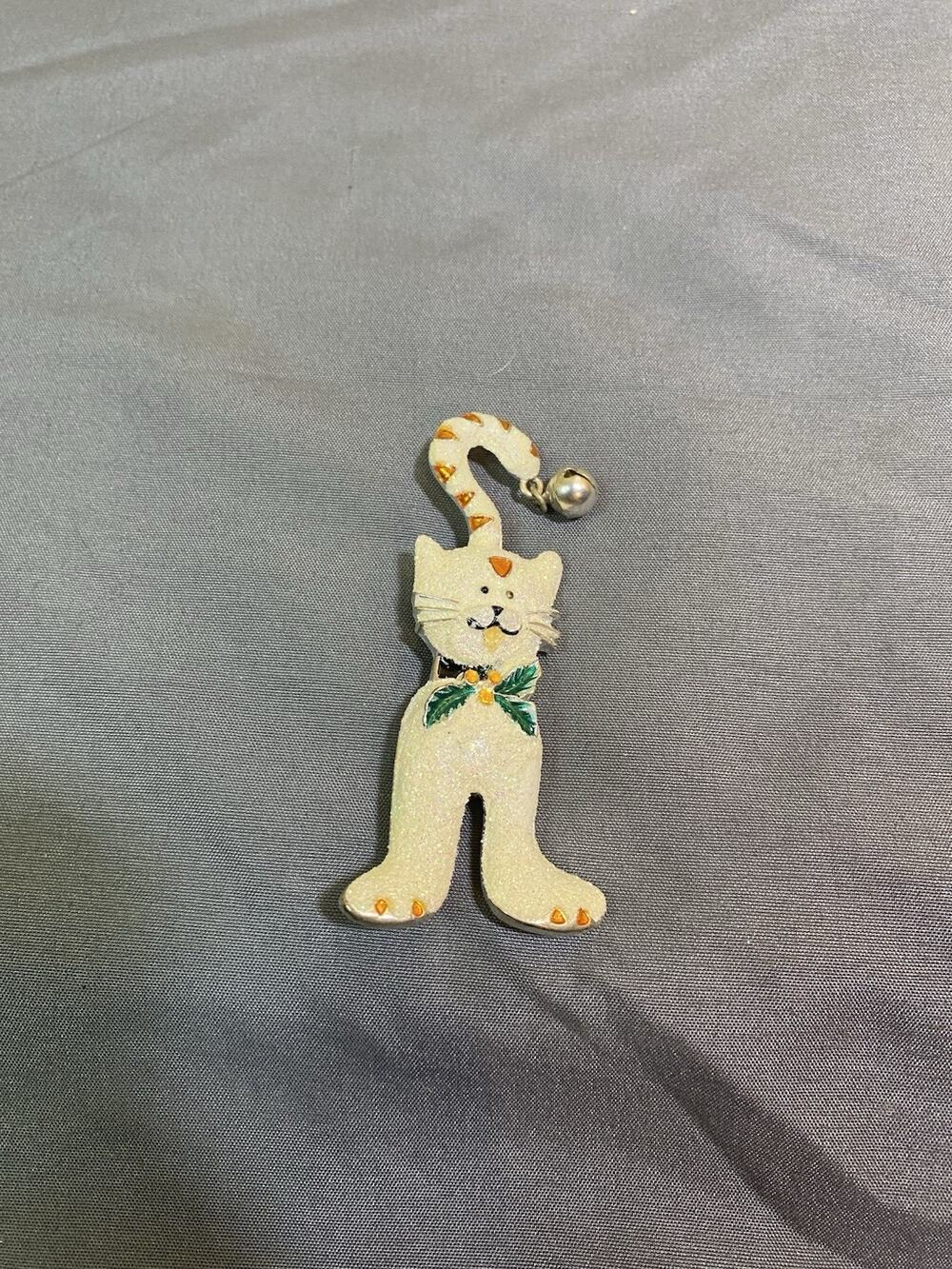 Vintage ST Enamel Glitter Christmas Cat Bell Brooch Pin, 3" Great Condition